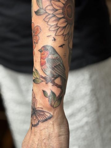 Neotraditional Colour Tattoo eines Rotkehlchens auf einem Ast mit Blättern und Schmetterling am Unterarm, warme Farben und feine Schattierungen, gestochen bei Talisman Tattoo in Raeren, Belgien, nahe Aachen, Eupen und Luxemburg