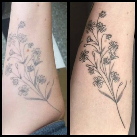 Vorher-Nachher Vergleich eines Blumen Tattoos nach einem professionellen Touch-Up mit nachgestochenen Linien und verbesserten Kontrasten.