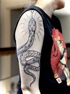 Vorher-Nachher Vergleich eines Schlangen Tattoos am Oberarm nach professionellem Touch-Up mit frischen Linien, Schattierungen und Dotwork-Elementen.